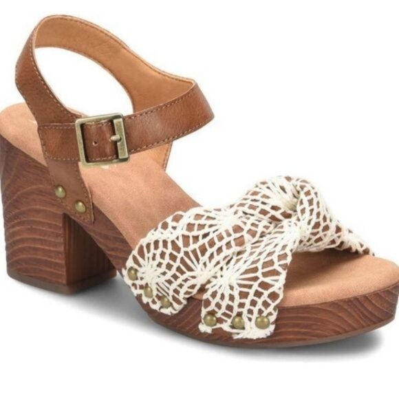 Korks-Ease Natalia Women’s Sandals 10 Brown Leather White Crochet Wooden Block H - Picture 2 of 13